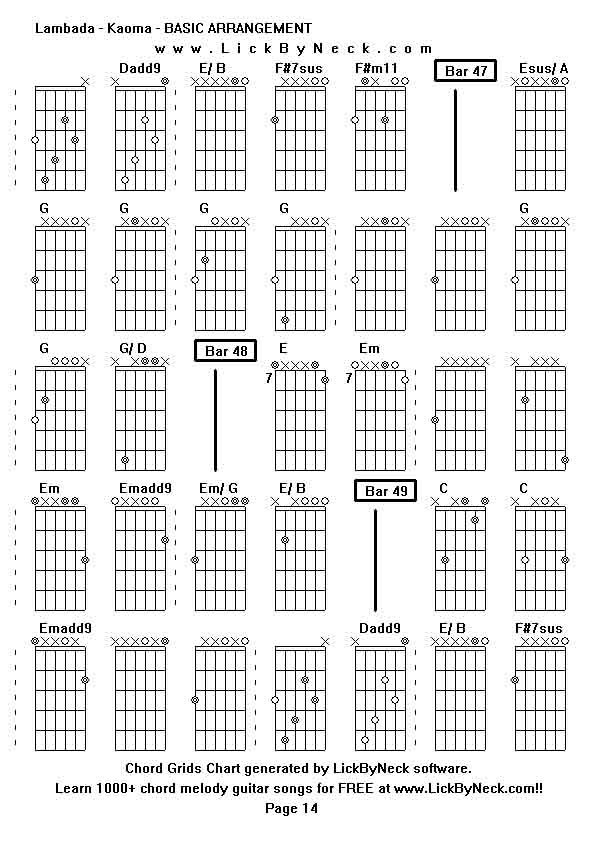 Chord Grids Chart of chord melody fingerstyle guitar song-Lambada - Kaoma - BASIC ARRANGEMENT,generated by LickByNeck software.